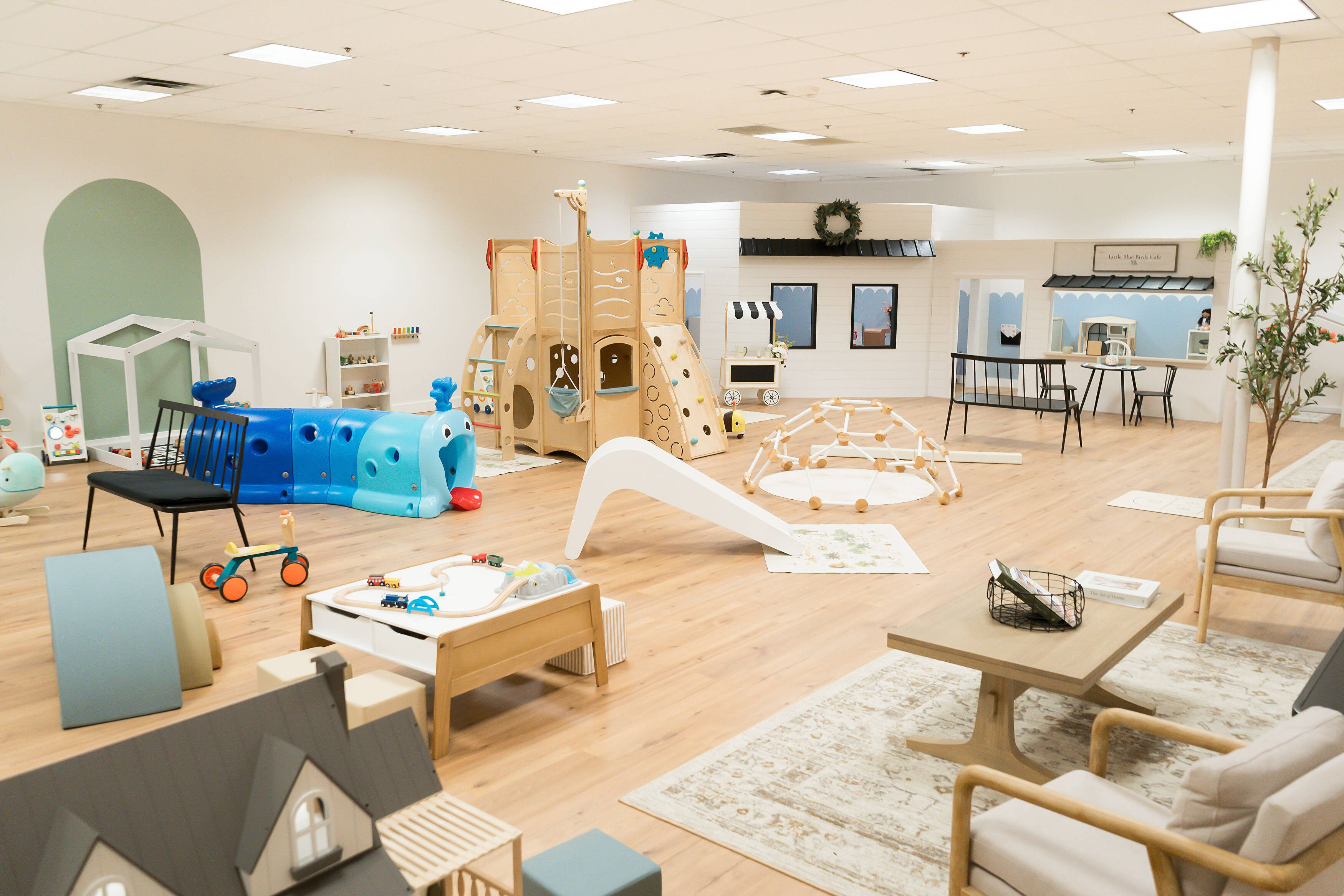 Playroom with wooden play structures